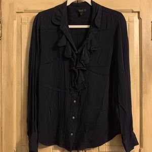 J Crew Navy Pleated Long Sleeve Blouse